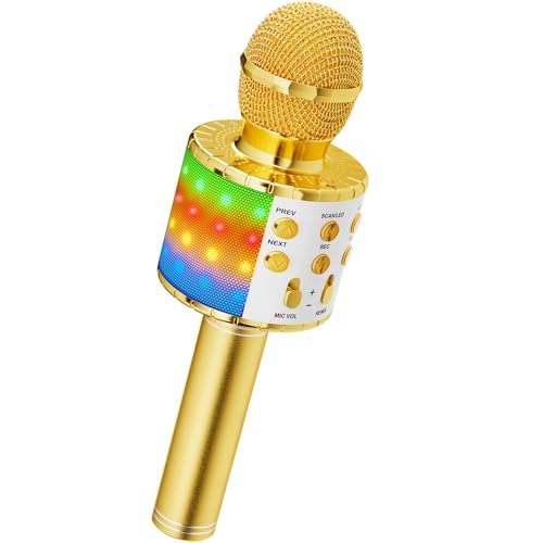 Magic Sing LED Karaoke Mikrofon Kinder, Drahtloses Bluetooth Spielzeug ab 3-12 Jahre Geschenk Mädchen KTV Lautsprecher mit Stimmenverzerrer, Heim KTV Karaoke Maschine für Android, iOS, PC(Gold) von Ankuka