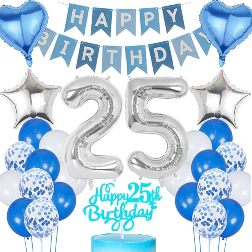 Anlgdi Blau Silber Luftballons 25. Geburtstag Dekoration, Tortendeko Geburtstag 25 Jahre Mann, Geburtstagsdeko 25 Jahre Mann Frau, Deko 25 Jahre Geburtstag Männer, Happy Birthday 25. Frauen Geburtstag von Anlgdi