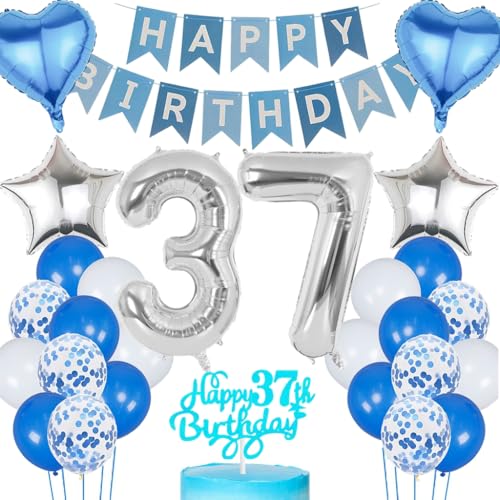 Anlgdi Blau Silber Luftballons 37. Geburtstag Dekoration, Tortendeko Geburtstag 37 Jahre Mann, Geburtstagsdeko 37 Jahre Mann Frau, Deko 37 Jahre Geburtstag Männer, Happy Birthday 37. Frauen Geburtstag von Anlgdi