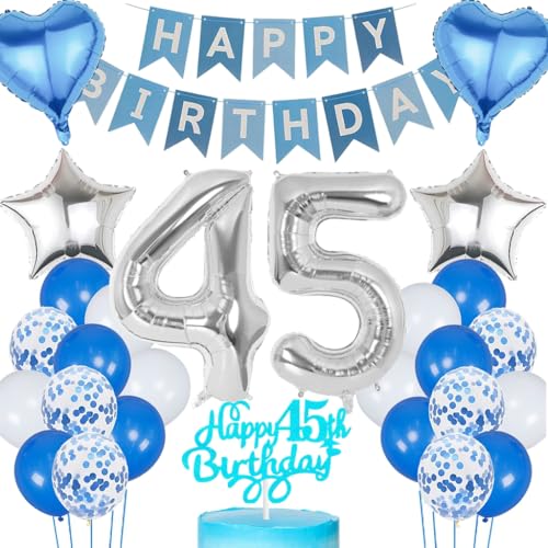 Anlgdi Blau Silber Luftballons 45. Geburtstag Dekoration, Tortendeko Geburtstag 45 Jahre Mann, Geburtstagsdeko 45 Jahre Mann Frau, Deko 45 Jahre Geburtstag Männer, Happy Birthday 45. Frauen Geburtstag von Anlgdi