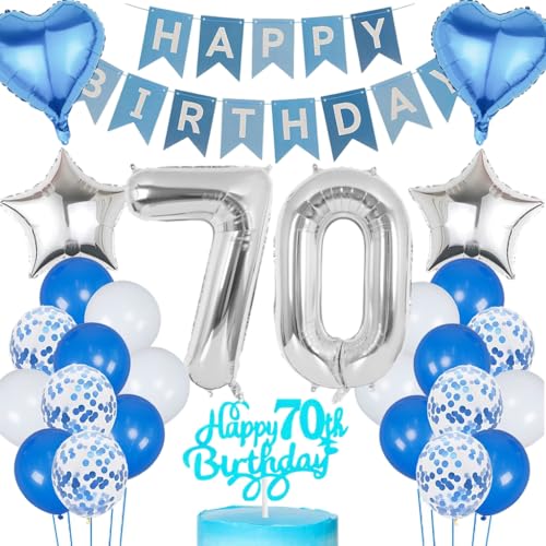 Anlgdi Blau Silber Luftballons 70. Geburtstag Dekoration, Tortendeko Geburtstag 70 Jahre Mann, Geburtstagsdeko 70 Jahre Mann Frau, Deko 70 Jahre Geburtstag Männer, Happy Birthday 70. Frauen Geburtstag von Anlgdi