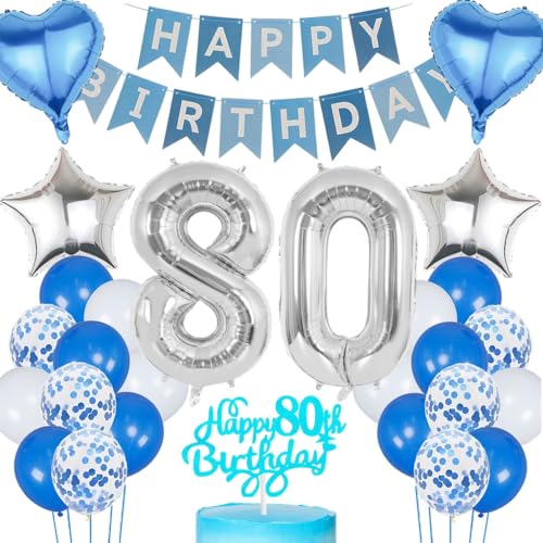 Anlgdi Blau Silber Luftballons 80. Geburtstag Dekoration, Tortendeko Geburtstag 80 Jahre Mann, Geburtstagsdeko 80 Jahre Mann Frau, Deko 80 Jahre Geburtstag Männer, Happy Birthday 80. Frauen Geburtstag von Anlgdi