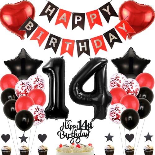 Anlgdi Deko 14. Geburtstag Mädchen: Tortendeko & Ballons Set in Rot & Schwarz für 14-jährige Mädchen & Jungen Anlgdi Deko 14. Geburtstag Mädchen: Tortendeko & Ballons Set in Rot & Schwarz für 14-jährige Mädchen & Jungen von Anlgdi