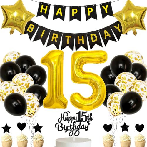 Anlgdi Deko 15 Jahre Geburtstag Junge, Luftballons 15. Geburtstag Dekoration Junge Mädchen, Tortendeko Geburtstag 15 Jahre Mädchen, Folienballon Zahl 15 Schwarz, Geburtstagsdeko 15 Jahre Mädchen Junge von Anlgdi