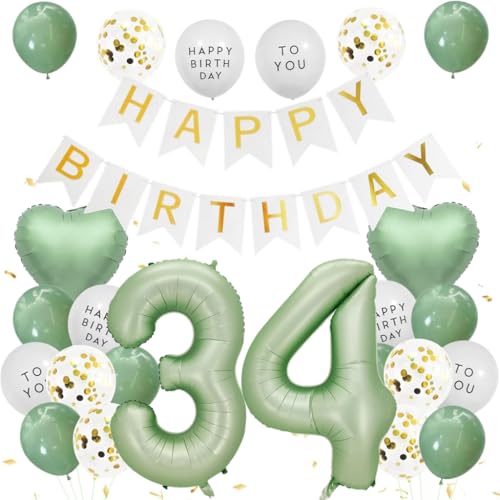 Anlgdi Luftballon 34. Geburtstag Deko Männer, Geburtstagsdeko 34 Jahre Frauen, Salbeigrüne Ballon 34 Geburtstags Frau Mann, Folienballon Zahl 34, Happy Birthday Banner Deko 34 Geburtstag Männer von Anlgdi