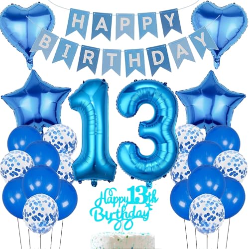 Anlgdi Geburtstagsdeko 13 Jahr Junge, Luftballon 13. Geburtstag Deko, Blau Folienballon 13 Geburtstag Junge Dekoration, Happy Birthday Banner Deko 13 Geburtstag Junge, Deko 13. Geburtstag Mädchen von Anlgdi