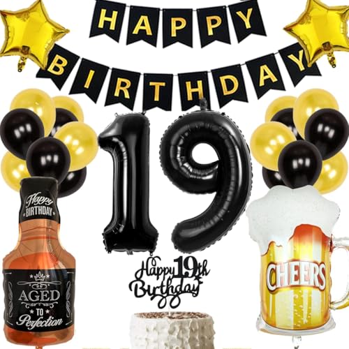 Anlgdi Geburtstagsdeko 19 Jahre Junge Mädchen: Schwarz-Gold Party Dekoration mit Ballons, Banner und Tortendeko für den 19. Geburtstag von Anlgdi