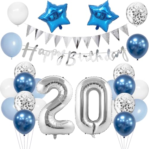 Anlgdi 20. Geburtstag Dekoration: Ballon-Set für Männer & Frauen, 24 Stück, Blau & Silber, Umweltfreundlich & Wiederverwendbar, mit Konfetti, Banner & Flagge Anlgdi 20. Geburtstag Dekoration: Ballon-Set für Männer & Frauen, 24 Stück, Blau & Silber, Umweltfreundlich & Wiederverwendbar, mit Konfetti, Banner & Flagge von Anlgdi