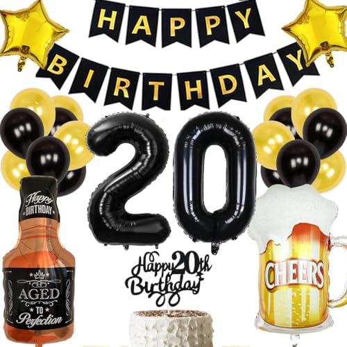 Anlgdi Geburtstagsdeko 20 Jahre Mann Frau, Schwarz-Gold Tortendeko & Ballons für 20. Geburtstag Männer Party Dekoration Anlgdi Geburtstagsdeko 20 Jahre Mann Frau, Schwarz-Gold Tortendeko & Ballons für 20. Geburtstag Männer Party Dekoration von Anlgdi