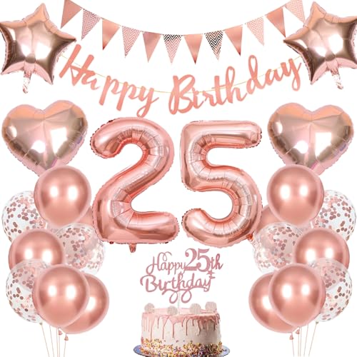 Anlgdi Geburtstagsdeko 25 Jahre Frau, Rosegold Tortendeko Geburtstag 25 Jahre Frauen, Deko 25. Geburtstag Frau, Luftballons 25. Geburtstag Frau, Happy Birthday Banner Deko 25 Geburtstag Frauen von Anlgdi