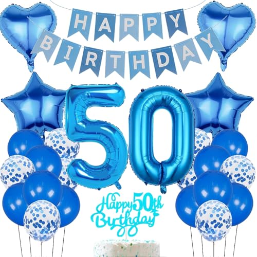 Anlgdi Geburtstagsdeko 50 Jahr Mann, Luftballon 50. Geburtstag Deko, Blau Folienballon 50 Geburtstag Männer Dekoration, Happy Birthday Banner Deko 50 Geburtstag Frau, Deko 50. Geburtstag Frau Mann von Anlgdi