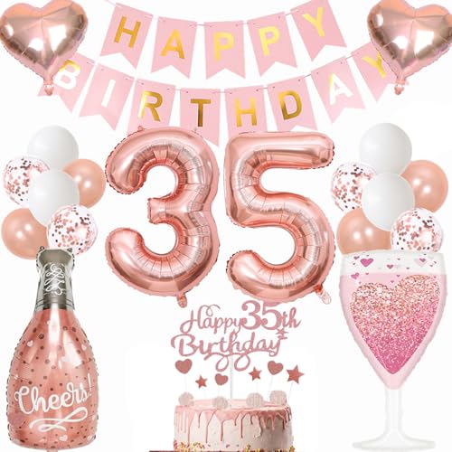 Anlgdi Luftballon 35. Geburtstag Deko Frau, Geburtstagsdeko 35 Jahre Frauen, Folienballon Weinflasche Sektflasche, Helium Ballon Champagner Flasche, Happy Birthday Banner Deko 35 Geburtstag Frau von Anlgdi