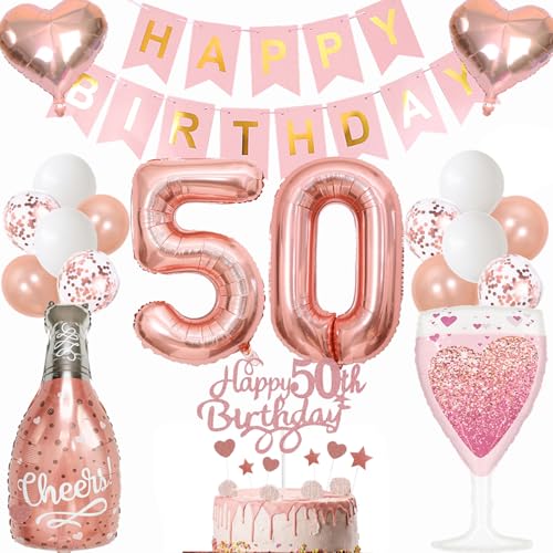 Anlgdi Luftballon 50. Geburtstag Deko Frau, Geburtstagsdeko 50 Jahre Frauen, Folienballon Weinflasche Sektflasche, Helium Ballon Champagner Flasche, Happy Birthday Banner Deko 50 Geburtstag Frau von Anlgdi