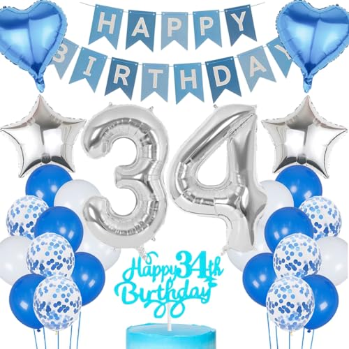 Anlgdi Blau Silber Luftballons 34. Geburtstag Dekoration, Tortendeko Geburtstag 34 Jahre Mann, Geburtstagsdeko 34 Jahre Mann Frau, Deko 34 Jahre Geburtstag Männer, Happy Birthday 34. Frauen Geburtstag Anlgdi Blau Silber Luftballons 34. Geburtstag Dekoration, Tortendeko Geburtstag 34 Jahre Mann, Geburtstagsdeko 34 Jahre Mann Frau, Deko 34 Jahre Geburtstag Männer, Happy Birthday 34. Frauen Geburtstag von Anlgdi