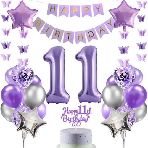 Anlgdi Luftballons 11. Geburtstag Dekoration, Lila Tortendeko Geburtstag 11 Jahre Junge, Geburtstagsdeko 11 Jahre Jungen Mädchen, Happy Birthday Banner für 11. Geburtstags Kinder Party Dekoration von Anlgdi