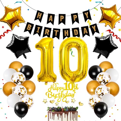 Anlgdi Schwarz Gold 10. Geburtstag Dekoration, Luftballon 10. Geburtstag Junge Deko, Gold Tortendeko Geburtstag 10 Jahre Junge, Deko 10. Geburtstag Mädchen, Folienballon 10 Geburtstag Junge Dekoration von Anlgdi