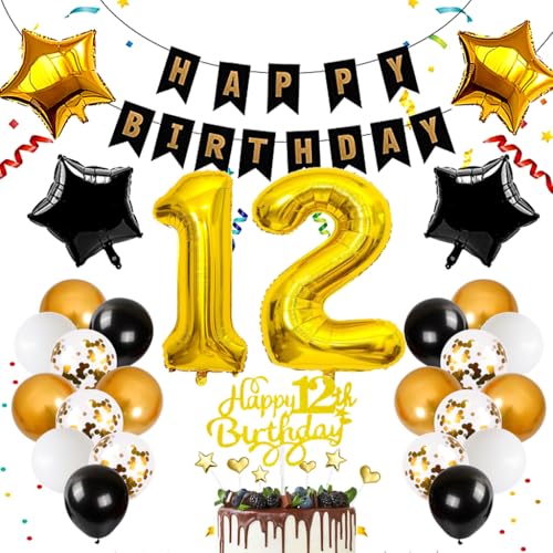 Anlgdi Schwarz Gold 12. Geburtstag Dekoration, Luftballon 12. Geburtstag Junge Deko, Gold Tortendeko Geburtstag 12 Jahre Junge, Deko 12. Geburtstag Mädchen, Folienballon 12 Geburtstag Junge Dekoration von Anlgdi