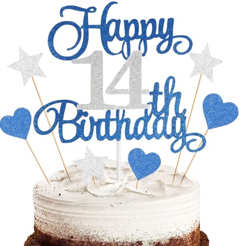 Anlgdi Tortendeko Happy 14th Birthday Deko Kuchen Topper 14. Geburtstag Mädchen, Cake Topper 14. Geburtstag Junge Blau, Kuchendeko 14 Jahre Torte Kuchen Deko für Geburstagstorte Deko 14. Mädchen Junge Anlgdi Tortendeko Happy 14th Birthday Deko Kuchen Topper 14. Geburtstag Mädchen, Cake Topper 14. Geburtstag Junge Blau, Kuchendeko 14 Jahre Torte Kuchen Deko für Geburstagstorte Deko 14. Mädchen Junge von Anlgdi