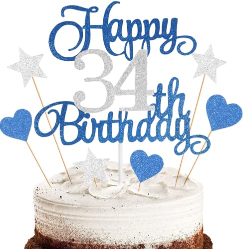 Anlgdi Tortendeko Happy 34th Birthday Deko Kuchen Topper 34. Geburtstag Frau, Cake Topper 34. Geburtstag Mann Blau, Kuchendeko 34 Jahre Torte Kuchen Deko für Geburstagstorte Deko 34. Männer Frauen Anlgdi Tortendeko Happy 34th Birthday Deko Kuchen Topper 34. Geburtstag Frau, Cake Topper 34. Geburtstag Mann Blau, Kuchendeko 34 Jahre Torte Kuchen Deko für Geburstagstorte Deko 34. Männer Frauen von Anlgdi