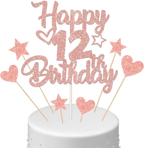 Anlgdi Tortendeko 12. Geburtstag Mädchen, Kuchendeko 12. Geburtstag Mädchen, Kuchen Topper Happy 12th Birthday Roségold, Cake Topper 12 Jahr Torte Kuchen Deko für Geburstagstorte Deko 12. Kinder von Anlgdi