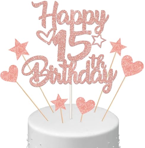 Anlgdi Tortendeko 15. Geburtstag Mädchen, Kuchendeko 15. Geburtstag Mädchen, Kuchen Topper Happy 15th Birthday Roségold, Cake Topper 15 Jahr Torte Kuchen Deko für Geburstagstorte Deko 15. Kinder von Anlgdi