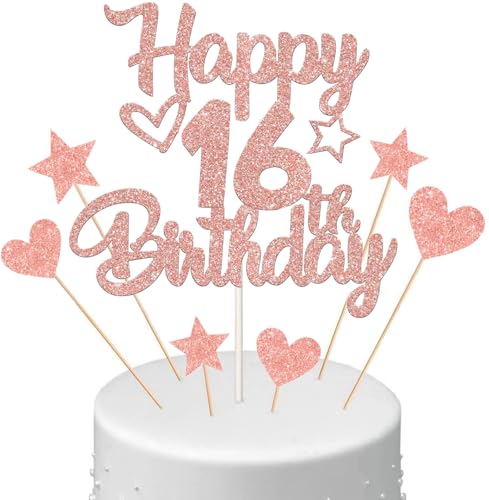 Anlgdi Tortendeko 16. Geburtstag Mädchen, Kuchendeko 16. Geburtstag Mädchen, Kuchen Topper Happy 16th Birthday Roségold, Cake Topper 16 Jahr Torte Kuchen Deko für Geburstagstorte Deko 16. Kinder von Anlgdi