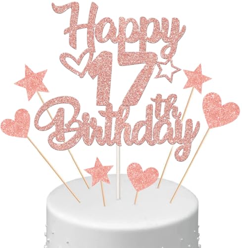 Anlgdi Tortendeko 17. Geburtstag Mädchen, Kuchendeko 17. Geburtstag Mädchen, Kuchen Topper Happy 17th Birthday Roségold, Cake Topper 17 Jahr Torte Kuchen Deko für Geburstagstorte Deko 17. Kinder von Anlgdi