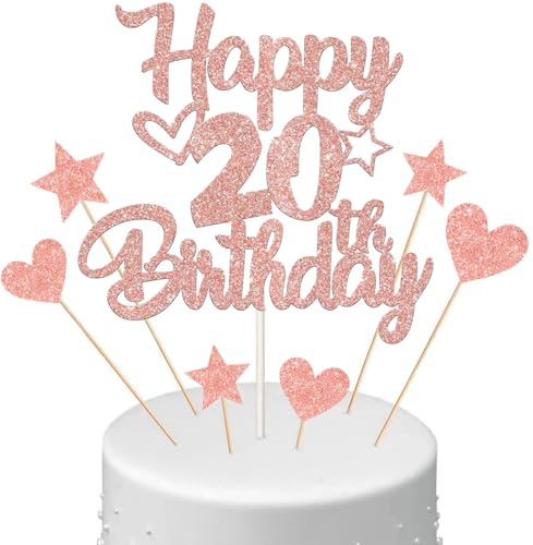 Anlgdi Tortendeko Happy Birthday Deko Kuchendeko 20. Geburtstag Frau, Kuchen Topper Happy 20th Birthday Roségold, Cake Topper 20 Jahre Torte Kuchen Deko für Geburstagstorte Deko 20. Frauen von Anlgdi