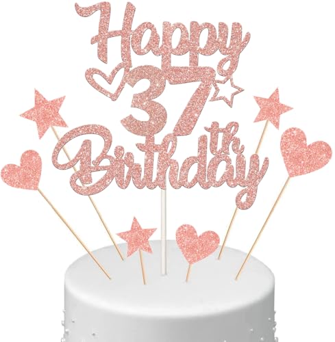 Anlgdi Tortendeko Happy Birthday Deko Kuchendeko 37. Geburtstag Frau, Kuchen Topper Happy 37th Birthday Roségold, Cake Topper 37 Jahre Torte Kuchen Deko für Geburstagstorte Deko 37. Frauen von Anlgdi
