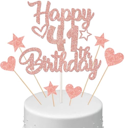 Anlgdi Tortendeko Happy Birthday Deko Kuchendeko 41. Geburtstag Frau, Kuchen Topper Happy 41th Birthday Roségold, Cake Topper 41 Jahre Torte Kuchen Deko für Geburstagstorte Deko 41. Frauen von Anlgdi