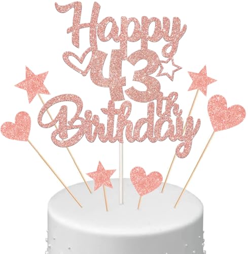 Anlgdi Tortendeko Happy Birthday Deko Kuchendeko 43. Geburtstag Frau, Kuchen Topper Happy 43th Birthday Roségold, Cake Topper 43 Jahre Torte Kuchen Deko für Geburstagstorte Deko 43. Frauen von Anlgdi