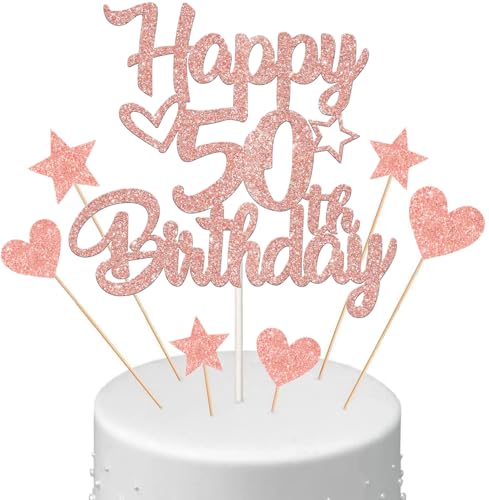 Anlgdi Tortendeko Happy Birthday Deko Kuchendeko 50. Geburtstag Frau, Kuchen Topper Happy 50th Birthday Roségold, Cake Topper 50 Jahre Torte Kuchen Deko für Geburstagstorte Deko 50. Frauen von Anlgdi