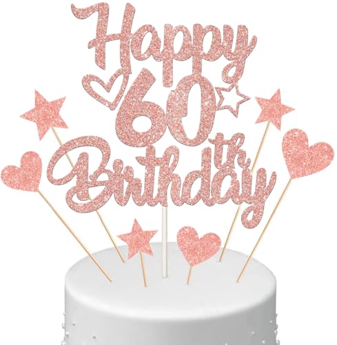 Anlgdi Tortendeko Happy Birthday Deko Kuchendeko 60. Geburtstag Frau, Kuchen Topper Happy 60th Birthday Roségold, Cake Topper 60 Jahre Torte Kuchen Deko für Geburstagstorte Deko 60. Frauen von Anlgdi