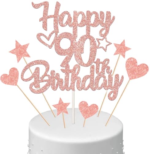 Anlgdi Tortendeko Happy Birthday Deko Kuchendeko 90. Geburtstag Frau, Kuchen Topper Happy 90th Birthday Roségold, Cake Topper 90 Jahre Torte Kuchen Deko für Geburstagstorte Deko 90. Frauen von Anlgdi