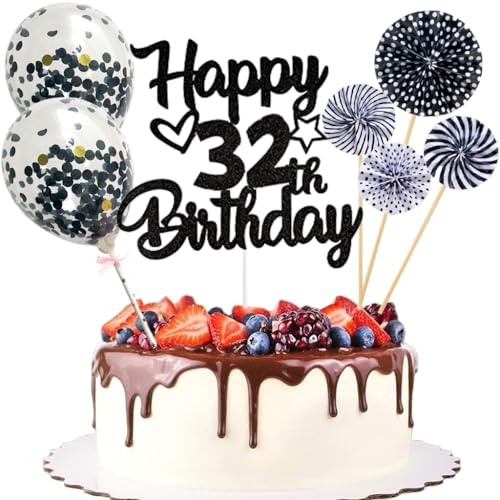 Anlgdi Tortendeko 32. Geburtstag Mann Frau, Kuchen Topper Happy 32th Birthday Schwarz, Glitzer Cake Topper 32. Geburtstag Ballons Konfetti Papierfächer für Geburtstagstorte Deko 32 Jahre Frauen Männer Anlgdi Tortendeko 32. Geburtstag Mann Frau, Kuchen Topper Happy 32th Birthday Schwarz, Glitzer Cake Topper 32. Geburtstag Ballons Konfetti Papierfächer für Geburtstagstorte Deko 32 Jahre Frauen Männer von Anlgdi