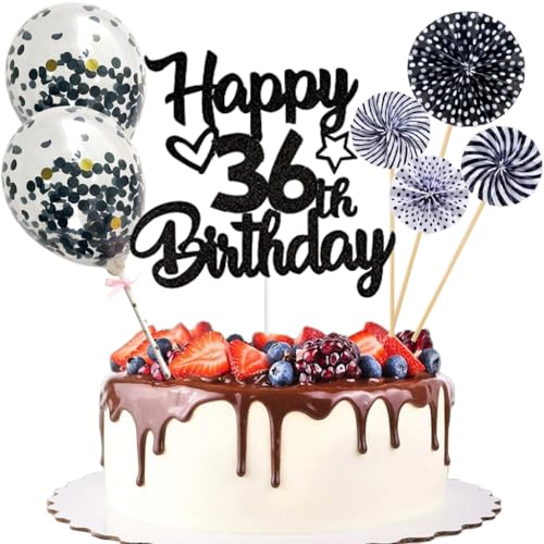 Anlgdi Tortendeko 36. Geburtstag Mann Frau, Kuchen Topper Happy 36th Birthday Schwarz, Glitzer Cake Topper 36. Geburtstag Ballons Konfetti Papierfächer für Geburtstagstorte Deko 36 Jahre Frauen Männer von Anlgdi