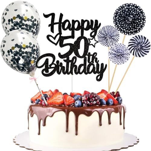 Anlgdi Tortendeko 50. Geburtstag Mann Frau, Kuchen Topper Happy 50th Birthday Schwarz, Glitzer Cake Topper 50. Geburtstag Ballons Konfetti Papierfächer für Geburtstagstorte Deko 50 Jahre Frauen Männer von Anlgdi