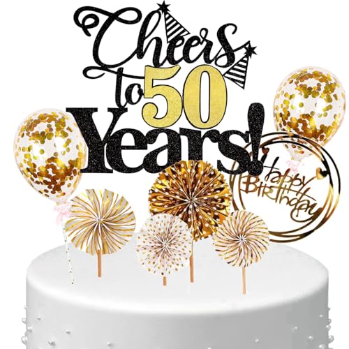 Anlgdi Tortendeko Cheers 50 Years Deko Kuchen Topper 50. Geburtstag Frau, Cake Topper 50. Geburtstag Mann Schwarz Gold, Kuchendeko 50 Jahre Torte Kuchen Deko für Geburstagstorte Deko 50. Männer Frauen von Anlgdi