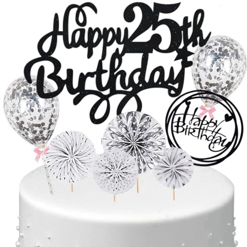 Anlgdi Tortendeko 25 Geburtstag Frauen Männer, Kuchen Topper 25. Geburtstag Frau, Cake Topper Happy 25th Birthday Schwarz Silber, Kuchen Deko 25. Deko für Geburstagstorte Deko 25 Jahre Frau Mann von Anlgdi