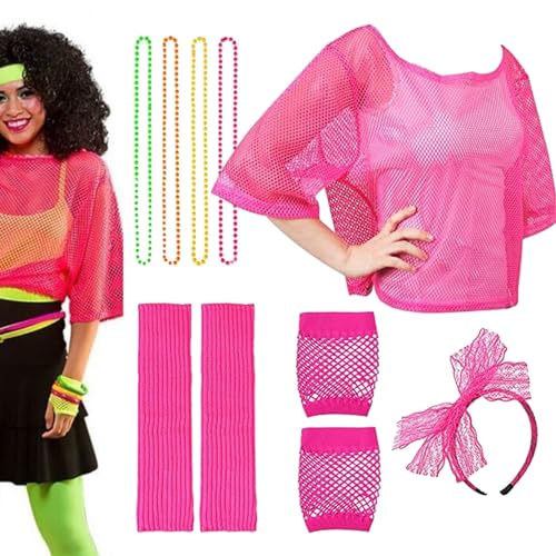 Anloximt 80er-Jahre-Accessoires für Mädchen, 80er-Jahre-Kostüme für Mädchen,1980er Jahre Kostüm-Outfit für Damen - Kostümzubehör, Retro-Damen-Party-Kostüm-Set, Neon-Fischnetz-Handschuhe für von Anloximt