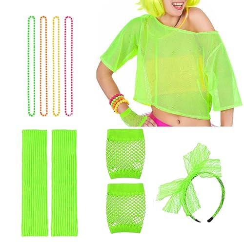Anloximt 80er-Jahre-Kostüme für Mädchen, 80er-Jahre-Outfit für Mädchen | 1980er Jahre Kostüm-Outfit für Damen,Kostümzubehör, Retro-Damen-Party-Kostüm-Set, Neon-Fischnetz-Handschuhe für Erwac ene, von Anloximt