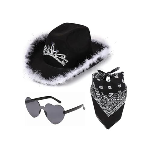Anloximt Cowboy Cowgirl Hut - Cowboy Hut Damen Glitzer, Filz-Cowgirl-Hut Mit Feder-Bandana und Gläser, Wester Style Pink Cowboy Hut, Cowboy Weihnachtsfeiertagsparty Kostümzubehör Anloximt Cowboy Cowgirl Hut - Cowboy Hut Damen Glitzer, Filz-Cowgirl-Hut Mit Feder-Bandana und Gläser, Wester Style Pink Cowboy Hut, Cowboy Weihnachtsfeiertagsparty Kostümzubehör von Anloximt