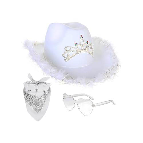 Anloximt Cowboy Cowgirl Hut - Cowboy Hut Damen Glitzer, Filz-Cowgirl-Hut Mit Feder-Bandana und Gläser, Wester Style Pink Cowboy Hut, Cowboy Weihnachtsfeiertagsparty Kostümzubehör, Weiß A Anloximt Cowboy Cowgirl Hut - Cowboy Hut Damen Glitzer, Filz-Cowgirl-Hut Mit Feder-Bandana und Gläser, Wester Style Pink Cowboy Hut, Cowboy Weihnachtsfeiertagsparty Kostümzubehör, Weiß A von Anloximt