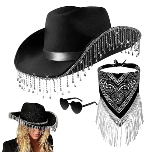 Anloximt Cowboy Hut Damen Partybrille Accessoires Cowgirl Hut Cowboy Hut Cowboyhut Mit Strass Fransen Glitzer Cowgirl Hut Karneval Kostüm Zubehör Kopfbedeckung Für Damen Herren, Schwarz von Anloximt