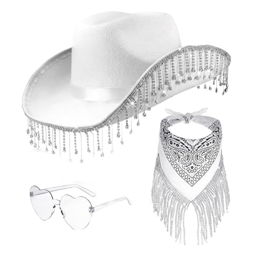 Anloximt Cowboy Hut Damen Partybrille Accessoires Cowgirl Hut Cowboy Hut Cowboyhut Mit Strass Fransen Glitzer Cowgirl Hut Karneval Kostüm Zubehör Kopfbedeckung Für Damen Herren, Weiß von Anloximt