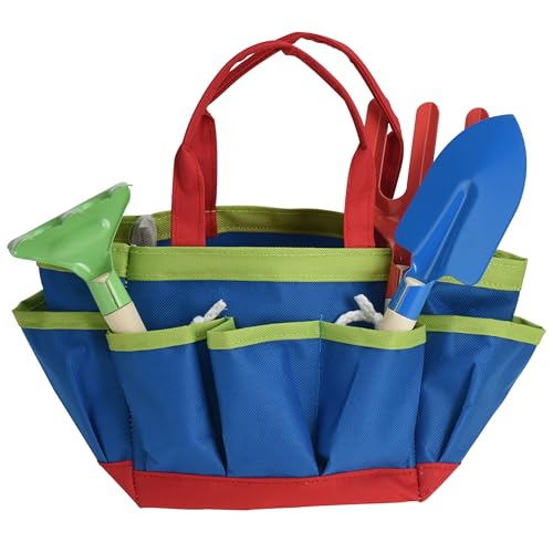 Annastore 5-TLG. Set Gartenwerkzeug für Kinder - Gießkanne Schaufel Rechen Gabel und Tasche - Gartengeräte - Garten-Set Gartenspielzeug (Blaue Tasche) von Annastore