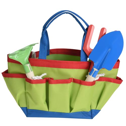 Annastore 5-TLG. Set Gartenwerkzeug für Kinder - Gießkanne Schaufel Rechen Gabel und Tasche - Gartengeräte - Garten-Set Gartenspielzeug (Grüne Tasche) von Annastore