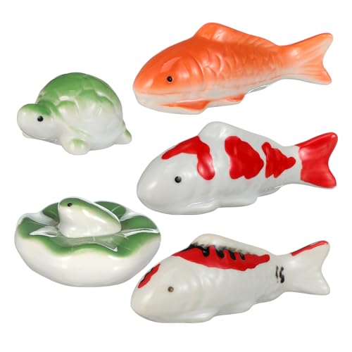 Anneome 5 Stück Teiliges Schwebender Keramik Figuren Realistische Goldfische Schildkröten und Frösche Schwimmende Aquariumdeko und Kunstvolle Teetisch Ornamente für Teeliebhaber und von Anneome