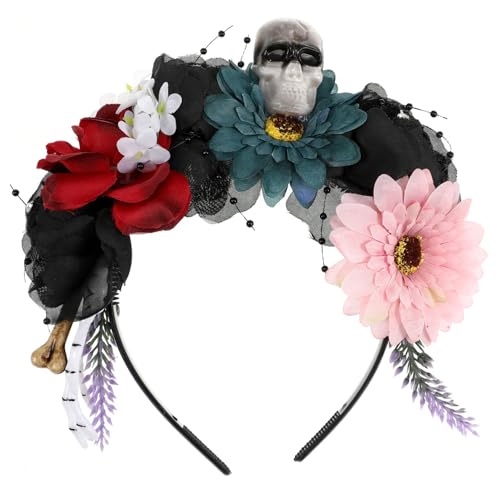 Anneome Halloween Haarreif mit Farbenfrohen Blumen und Realistischem Totenkopf Design Leichter Kostüm Kopfschmuck für Erwachsene für Halloween Party und Cosplay von Anneome