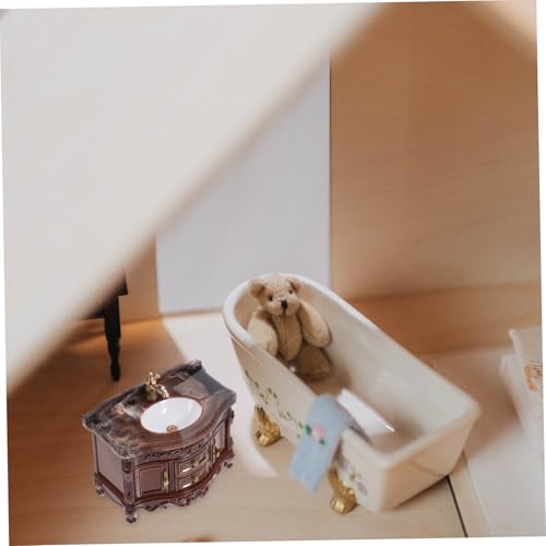 Anneome Retro Puppenhaus Möbel Waschbecken Schrank mit Spiegel Miniatur Badezimmer Waschbecken Modell Funktionale Platzsparend Tiefbraun Teiliges für Mini Baddekoration von Anneome